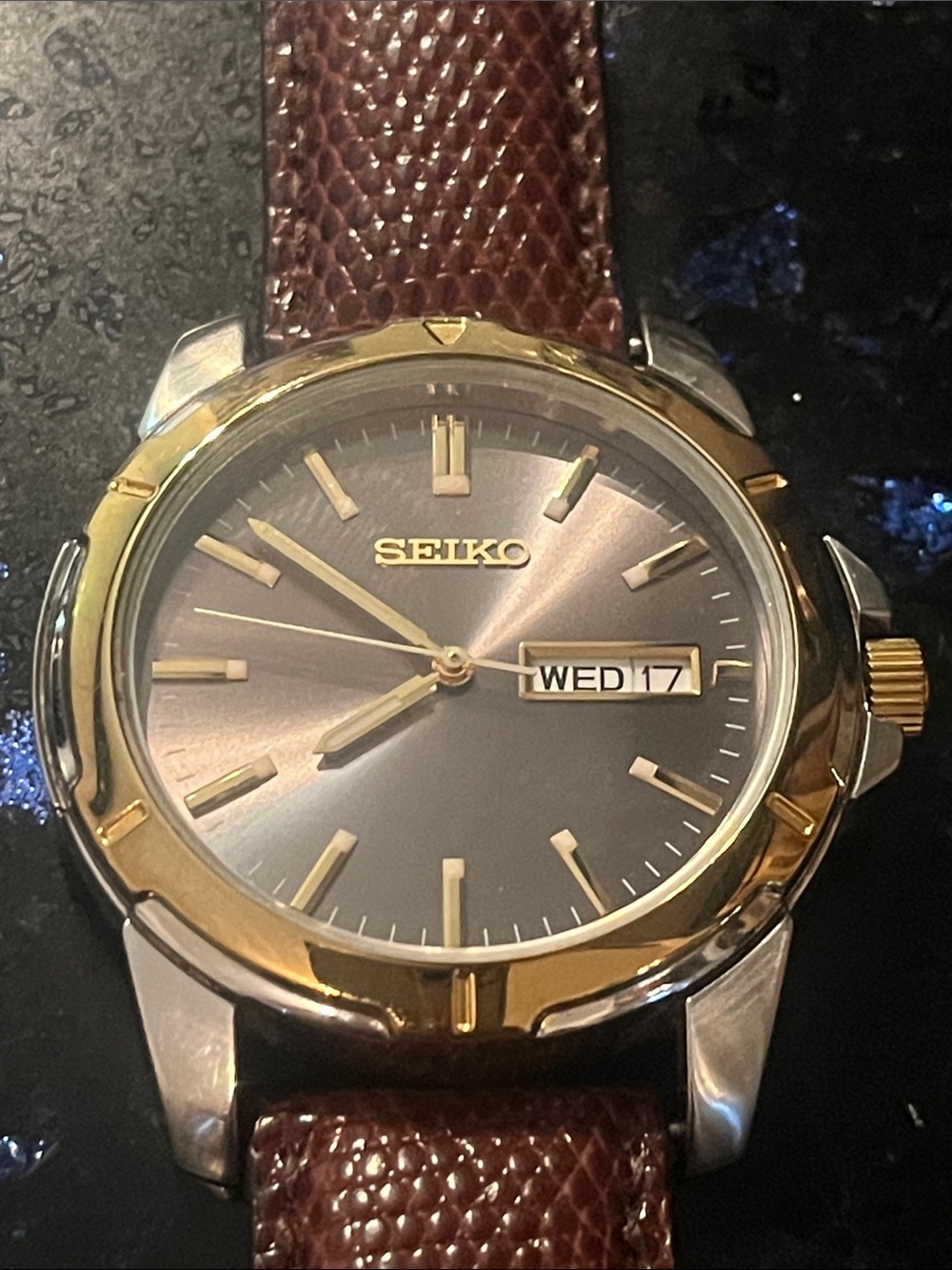 Seiko Gold & Silver Case Watch with Gray Dial and Brown Strap